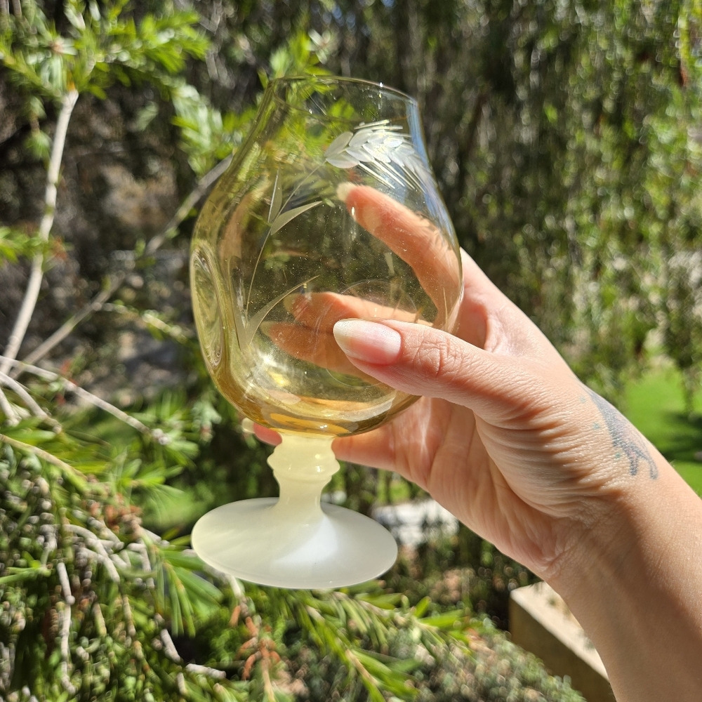 MCM Hand Blown Amber Depression Brandy‎ Snifter Etched Floral W/ Milk Glass Base
